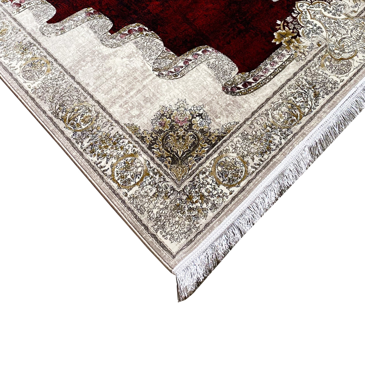 Rug 170x240 cm, corner: white decorative border with gold details, red central area.
