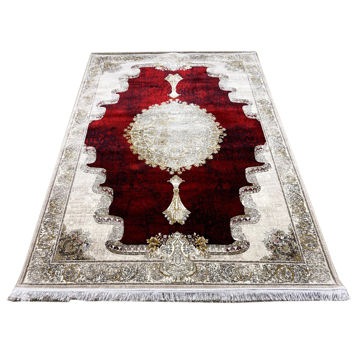 Rug 170x240 cm: red background, central white and gold medallion, silver ornamental border.