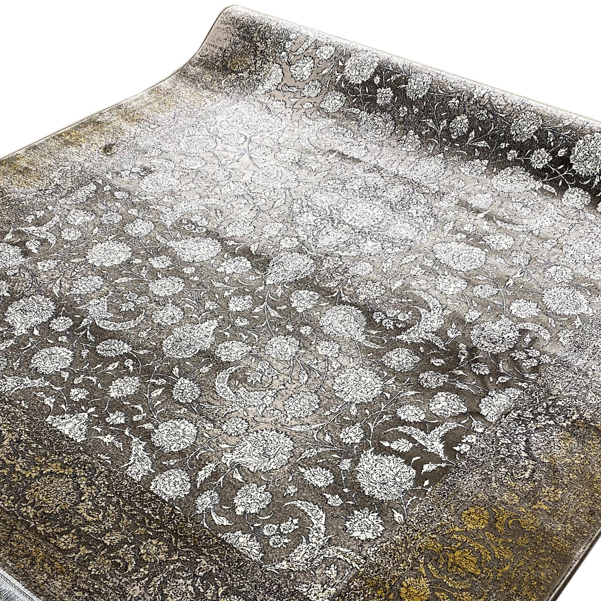 Rug 170x240 cm, close-up of a floral pattern in gray/silver on a dark background