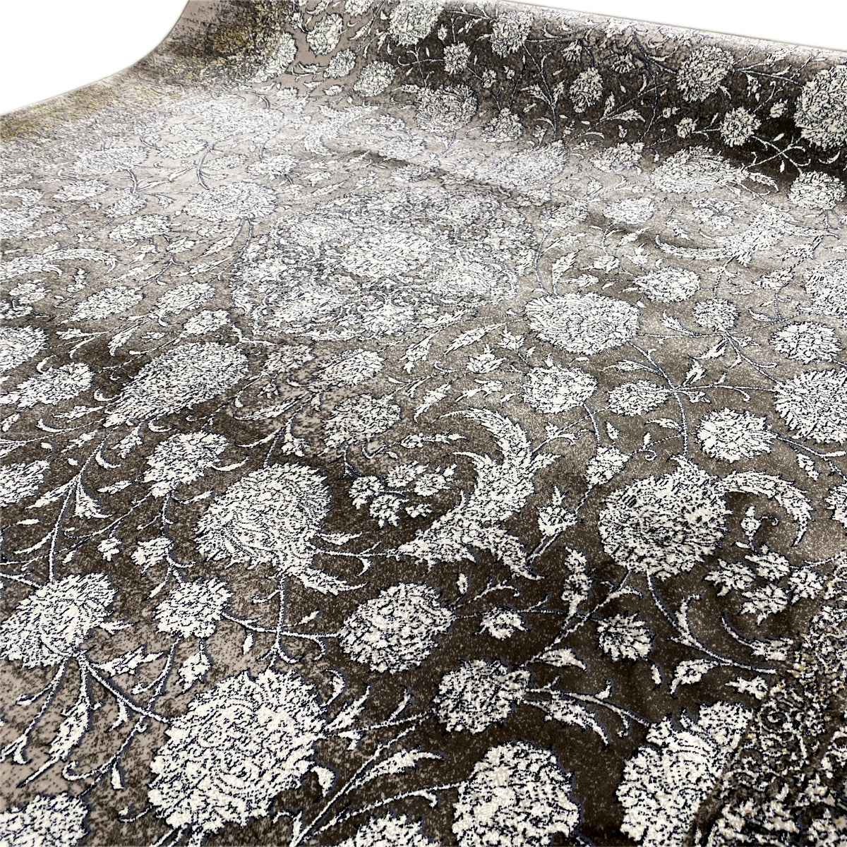 Rug 170x240 cm, dense floral pattern in gray/silver on a dark background