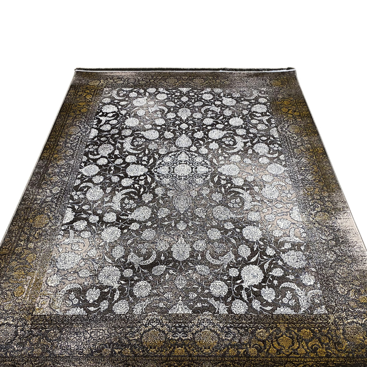 Rug “Eternal Autumn” 170x240 cm, front view: dense floral ornament in silver on gray