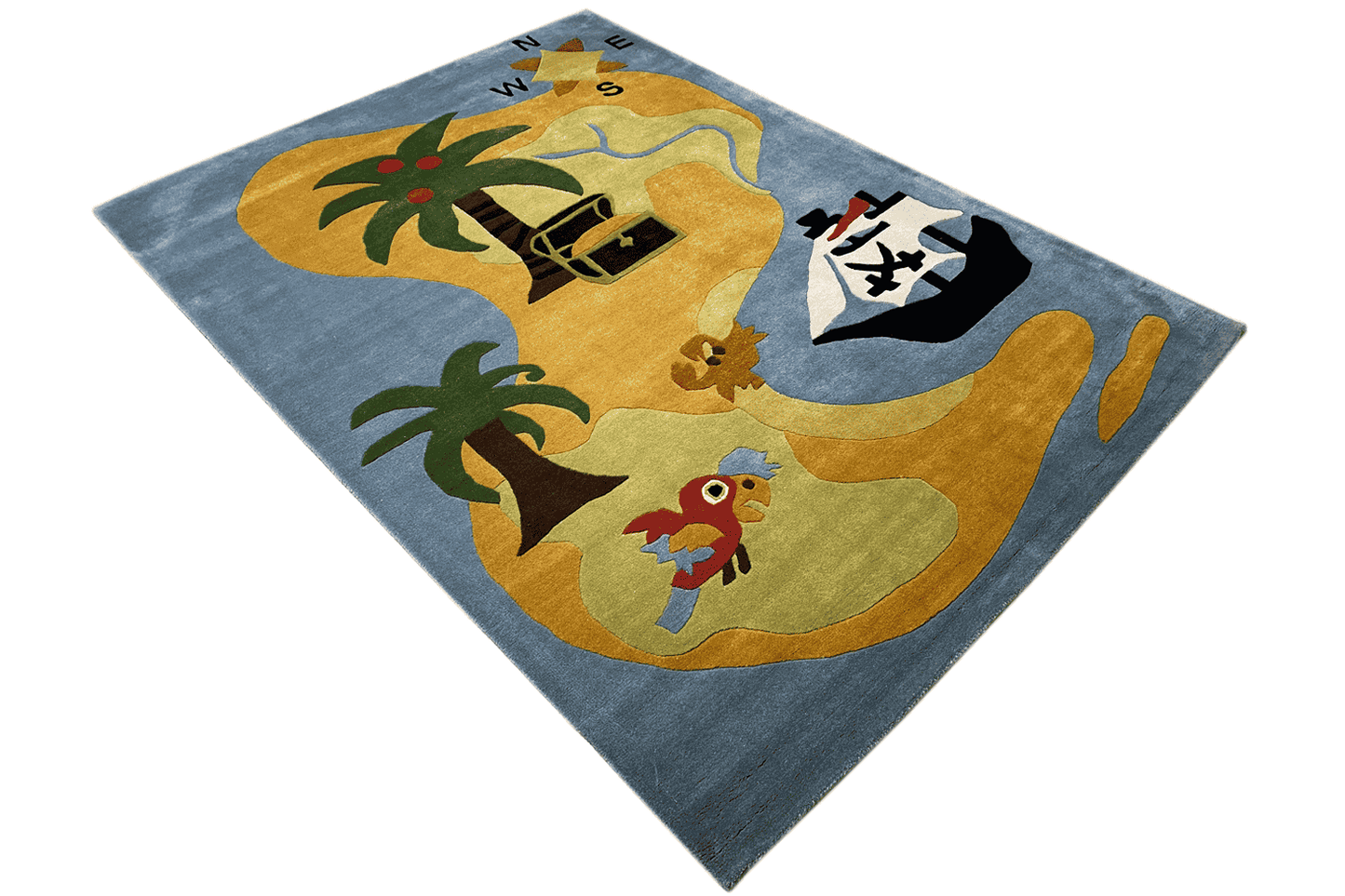 Children's rug 170x240 cm in a 3D look: pirate island, ship, palm tree, and animal