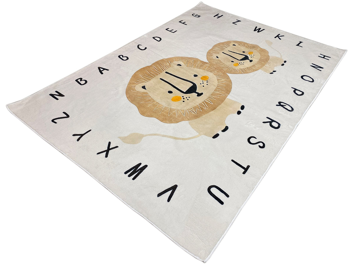 Kinderteppich mit Löwenmotiv, Buchstabenmuster am Rand, beiger Untergrund