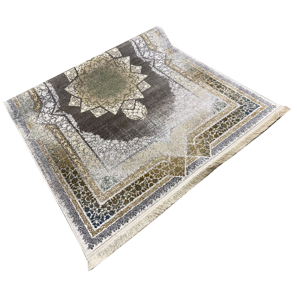 Cream-colored rug 170x240 cm with a geometric vintage pattern and gold accents