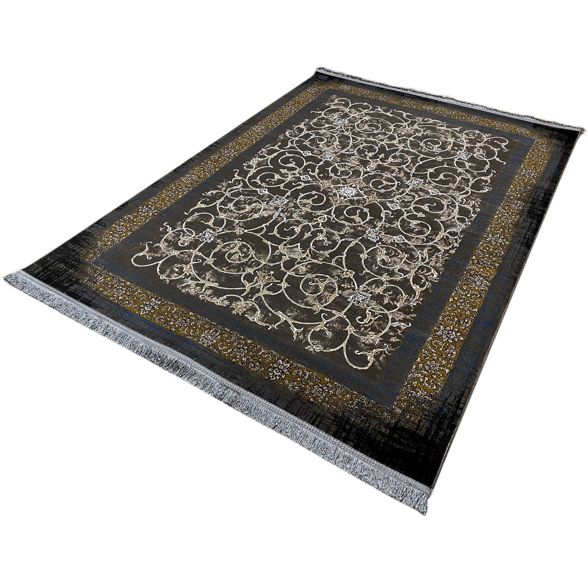 Rectangular dark rug 170x240 cm with a gold-colored vine ornament and border
