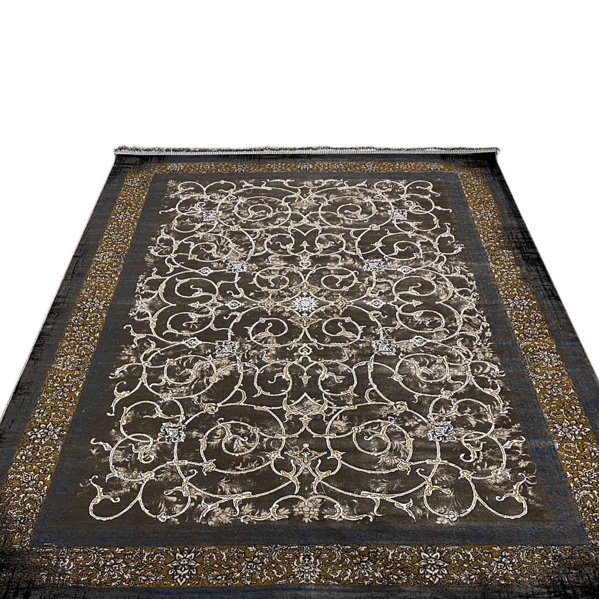 Dark rug with floral vine ornamentation and a gold-colored border, rectangular