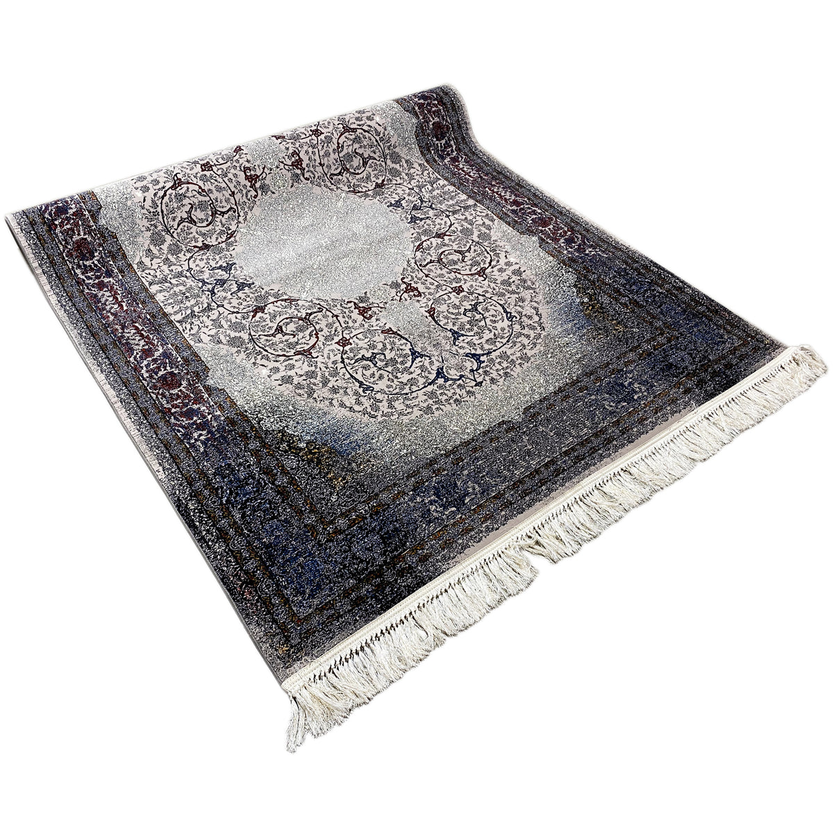 Sofia rug 160x230 cm, side view; light medallion, dark blue background, fringe