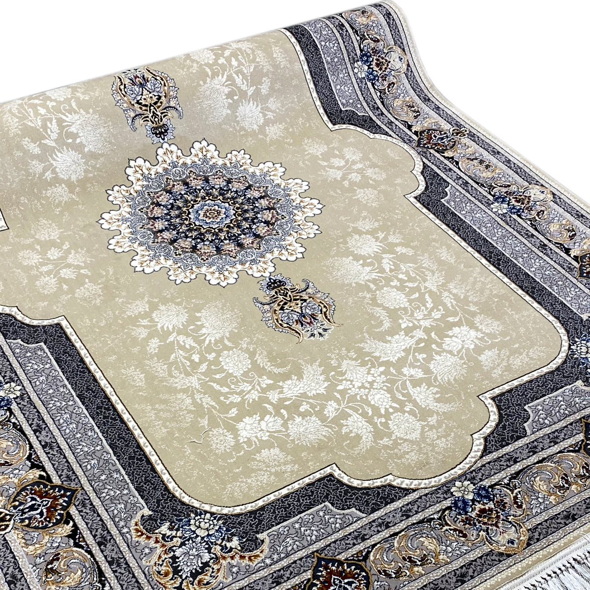 Close-up: beige carpet field with embroidered floral pattern, blue-black border