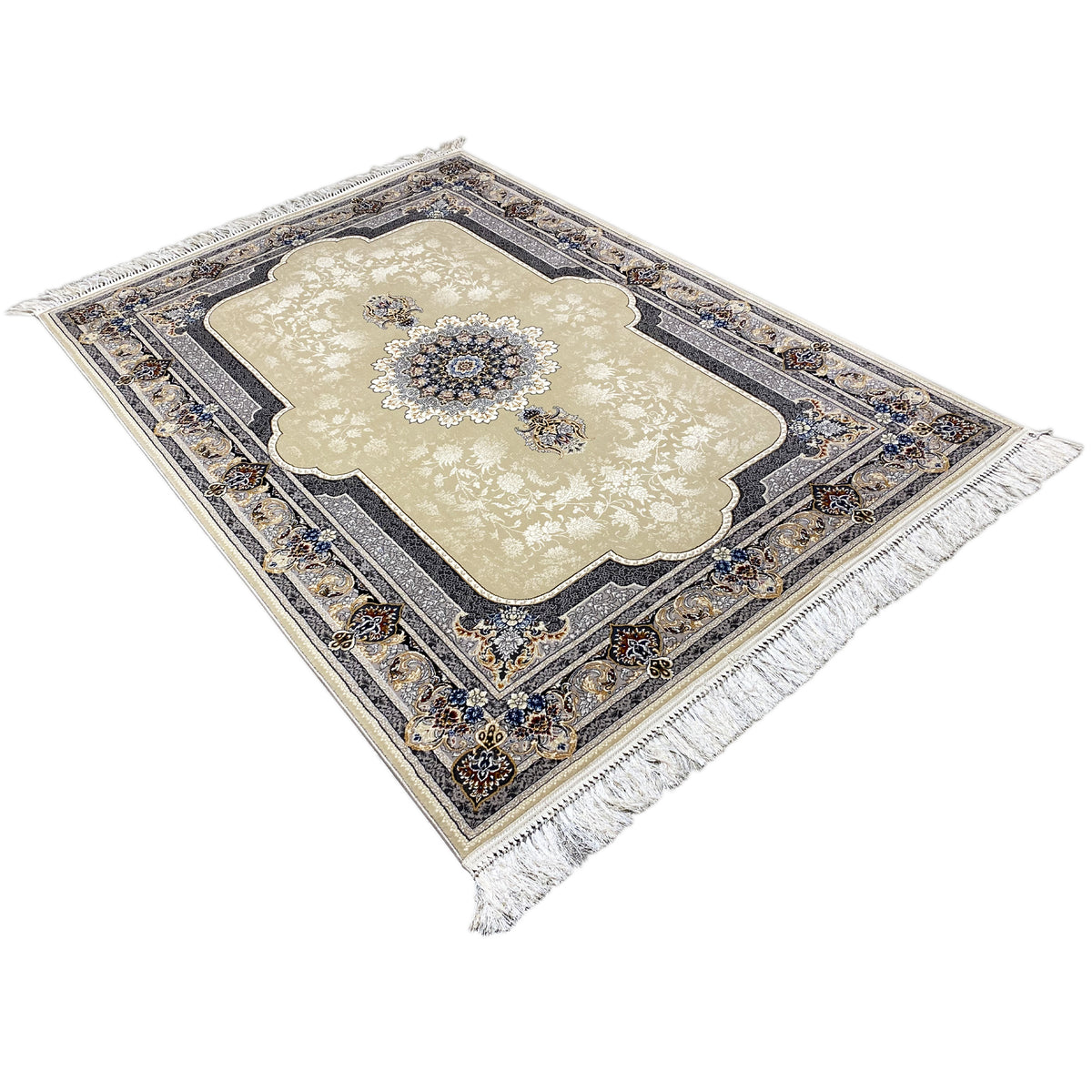 Beige square rug with a medallion, blue-black border, and fringes