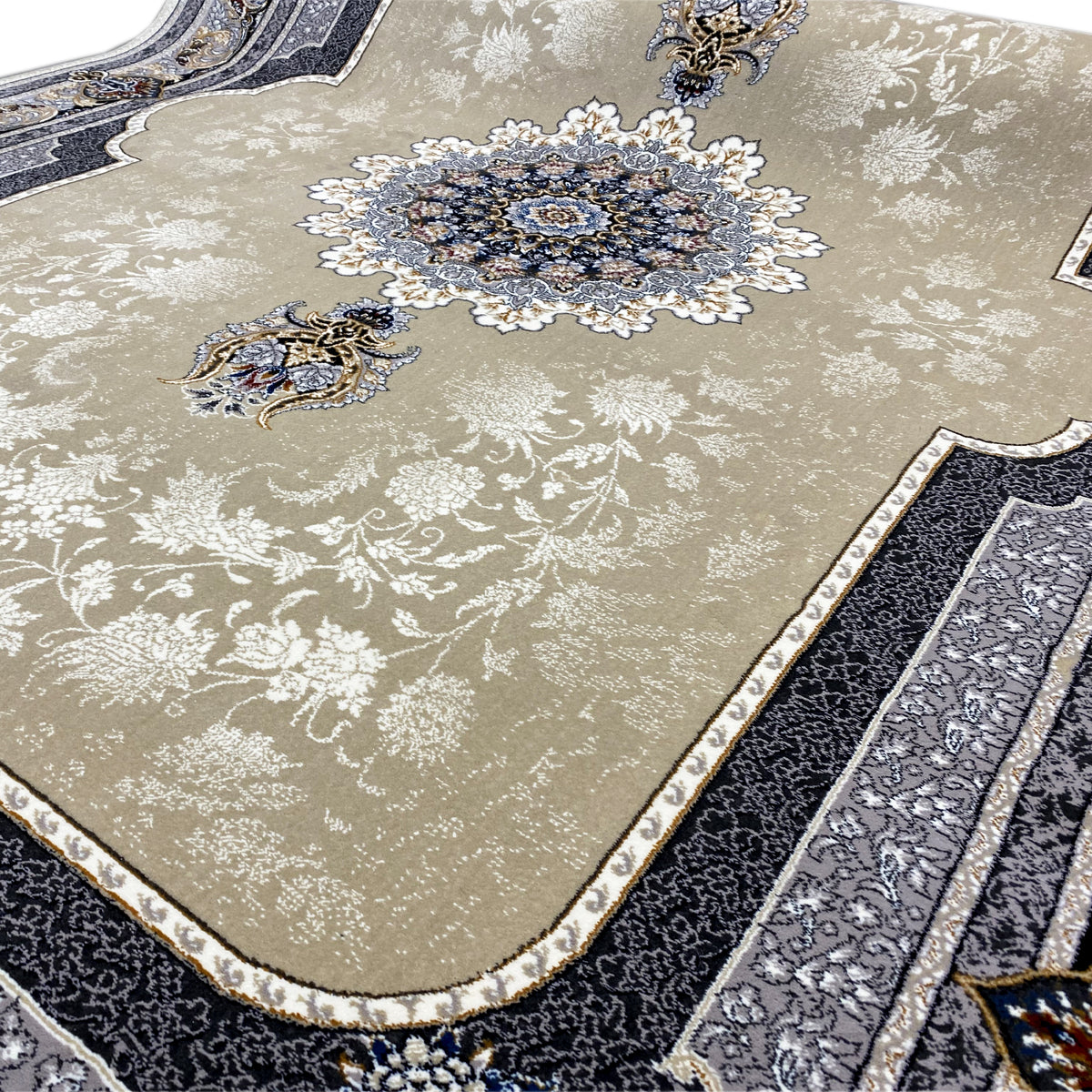 Close-up: beige rug with a blue ornamental medallion and dark border