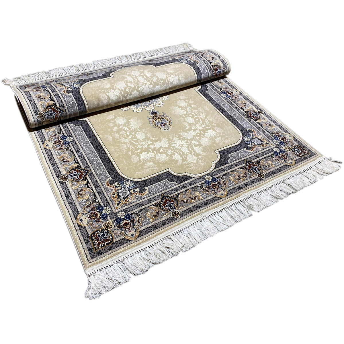Beige rug with a rolled look, blue-and-gold border, and fringes along the edge