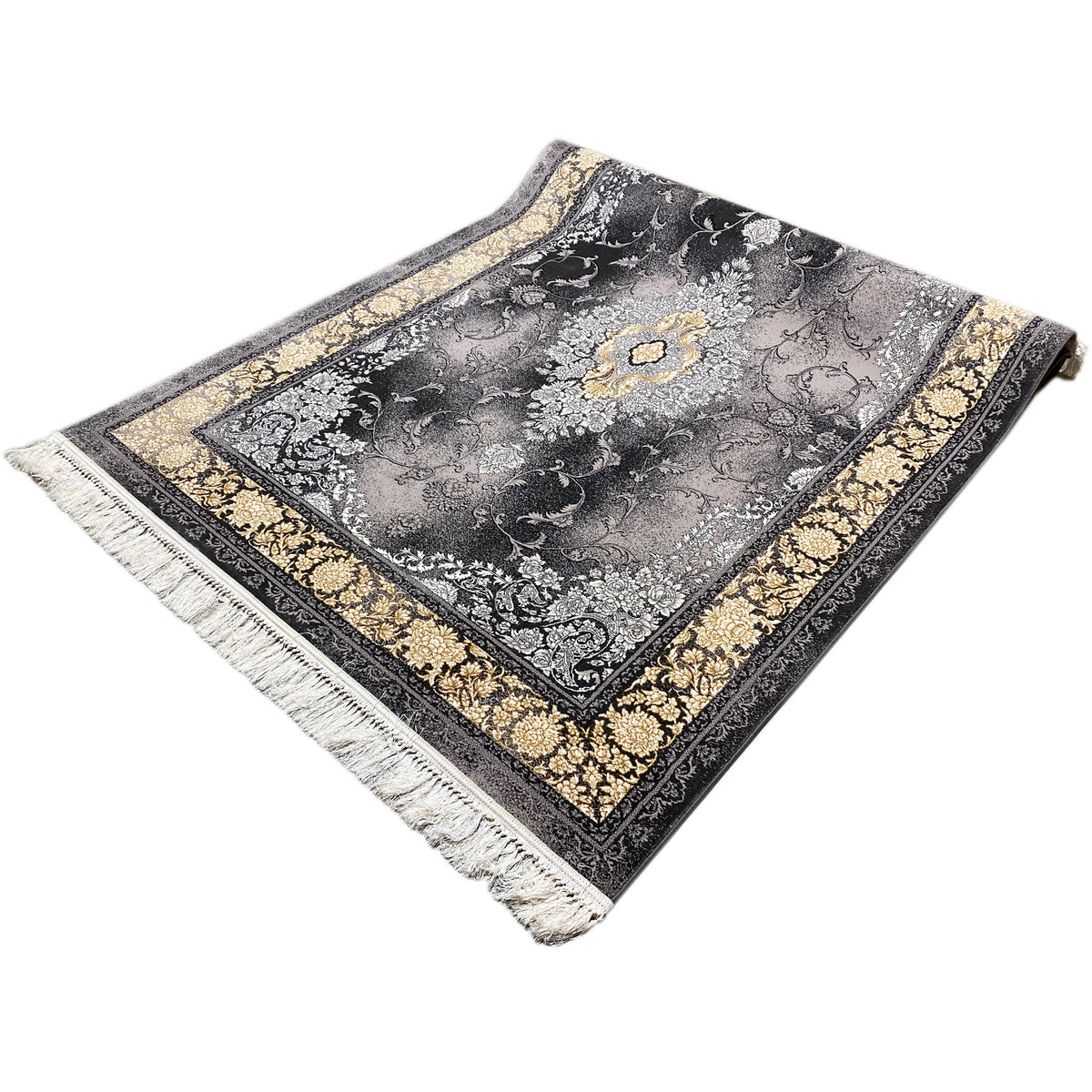 Rug 160x230 cm: silver-gray and black floral ornament design, golden border frame, fringes