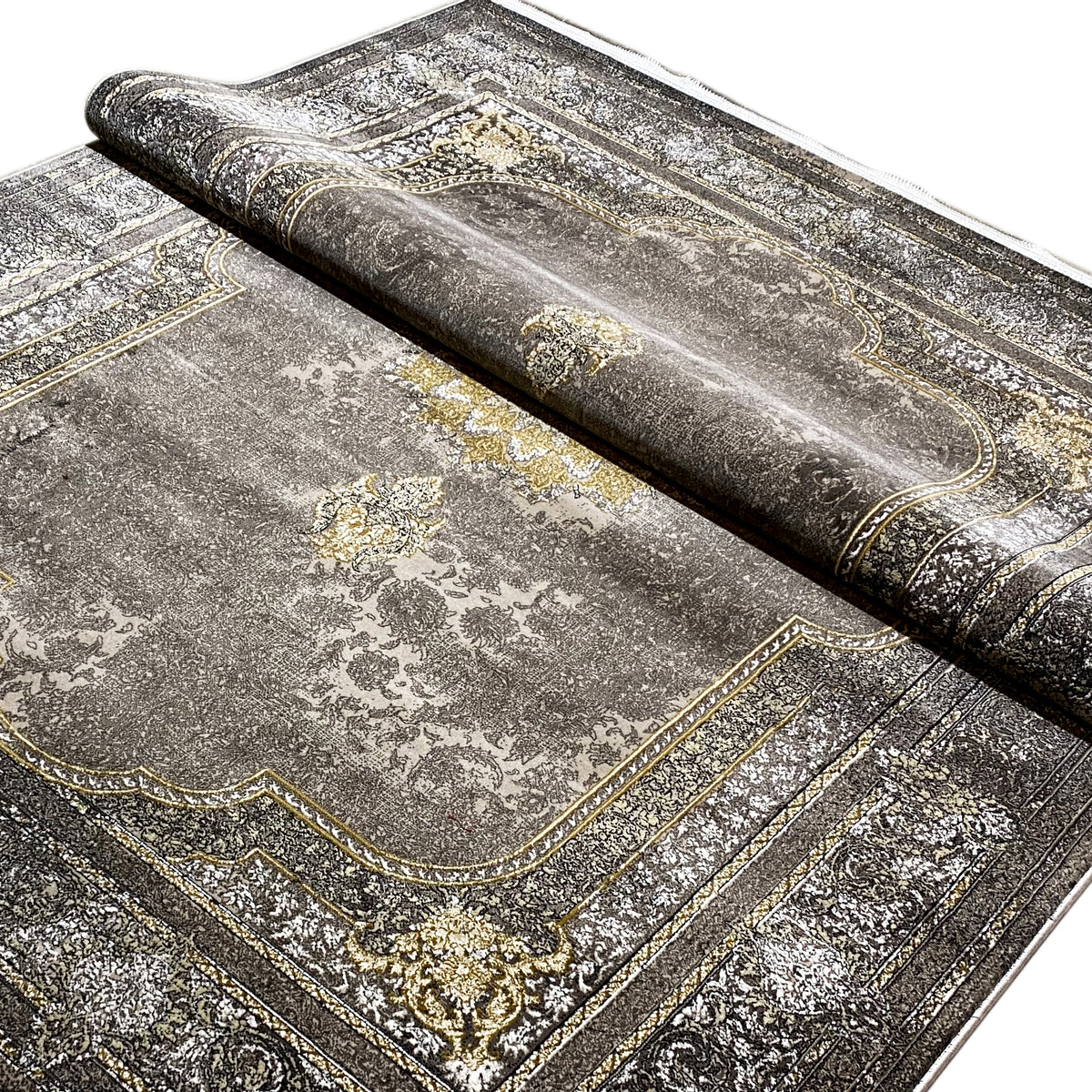 Rug 170x240 cm with vintage ornaments in gray, gold, and dark anthracite