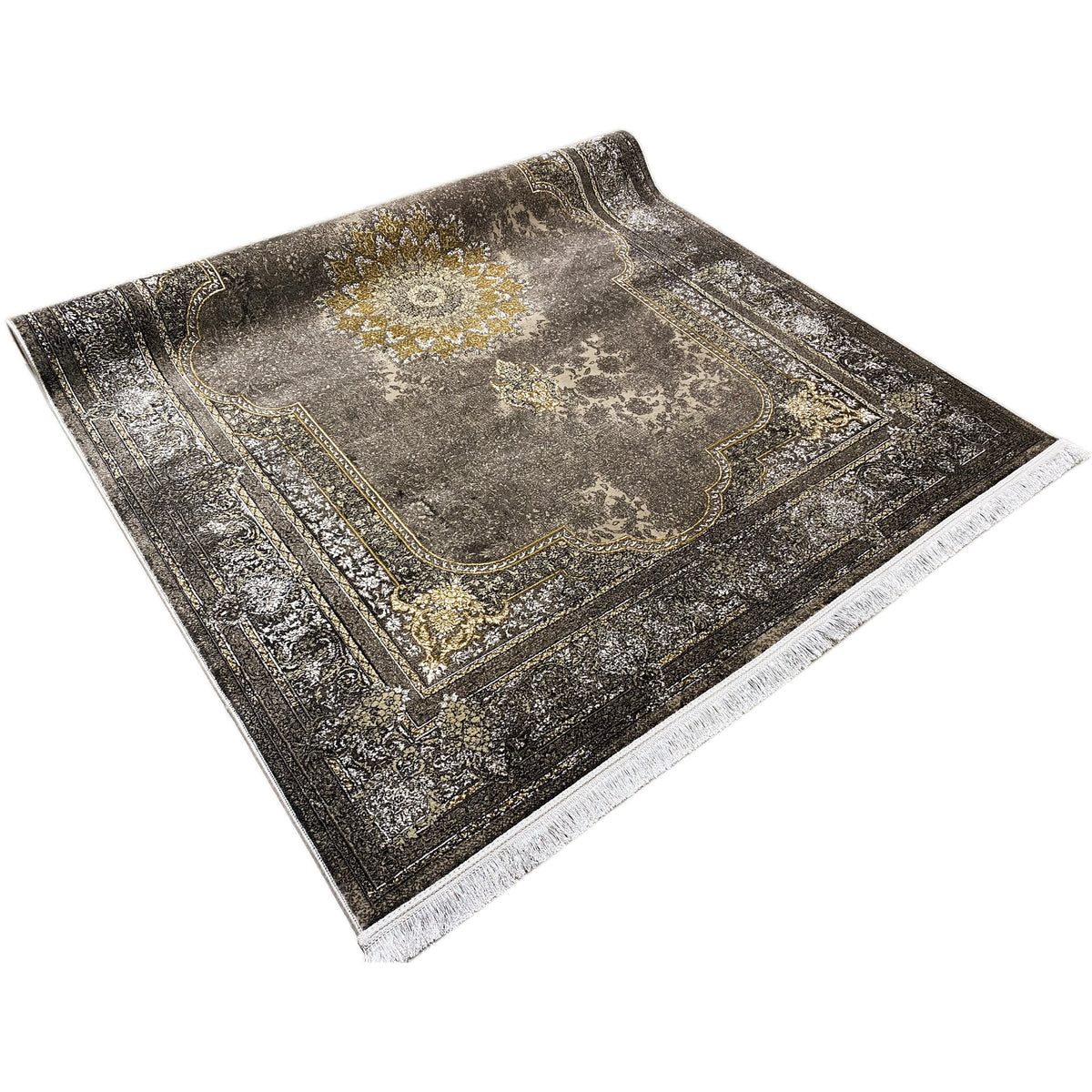 Rug 170x240 cm with a dark vintage look, medallion design, and gold accents