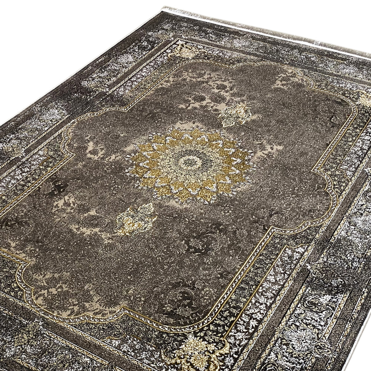 Oriental rug 170x240 cm, dark gray with a gold-colored medallion and delicate decorative border