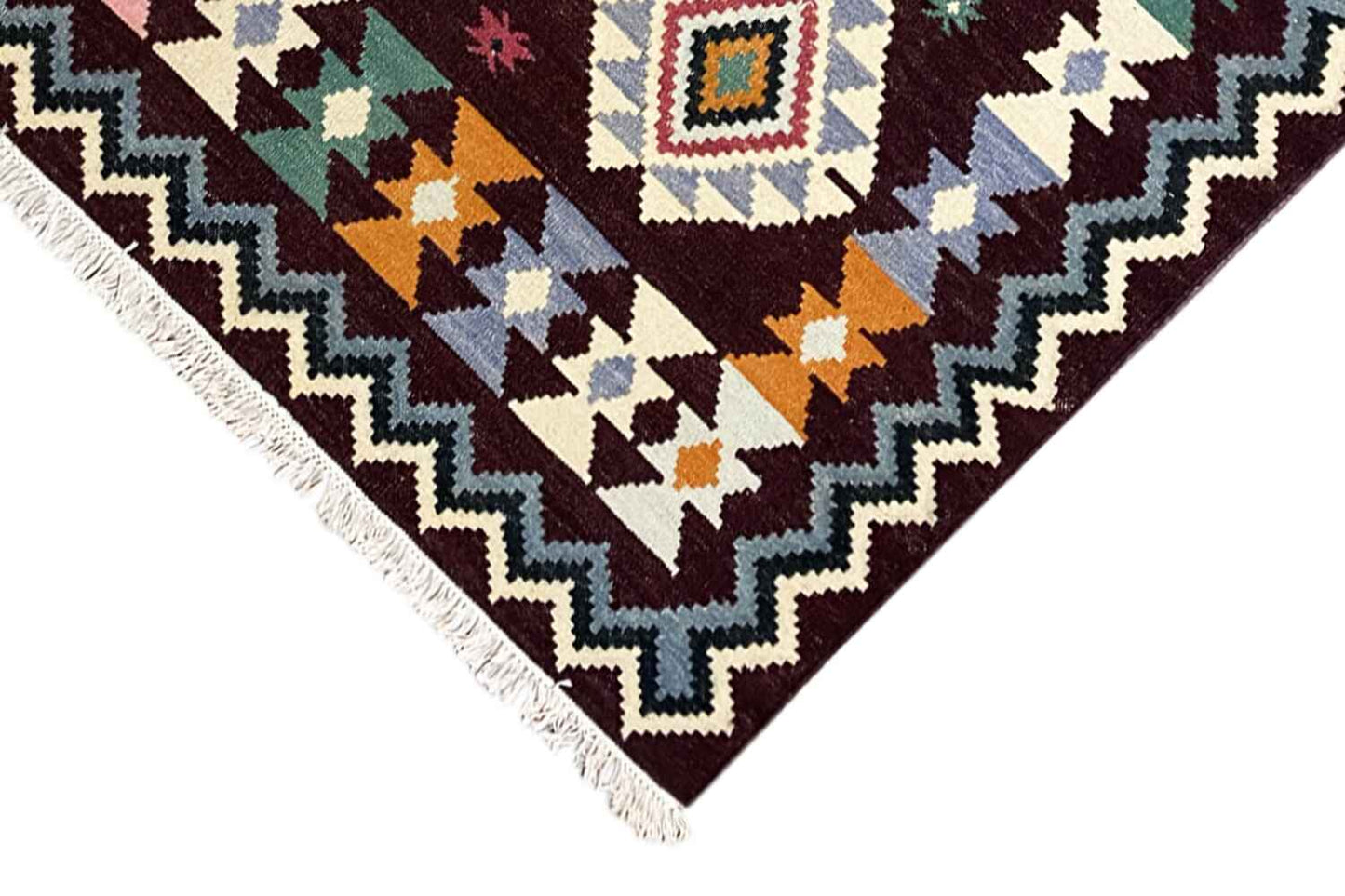 Tribal-Tapisserie - Handgewebter Wollen Kelim Dhurrie Teppich, 240x170cm (8x6ft) - German Carpet Shop