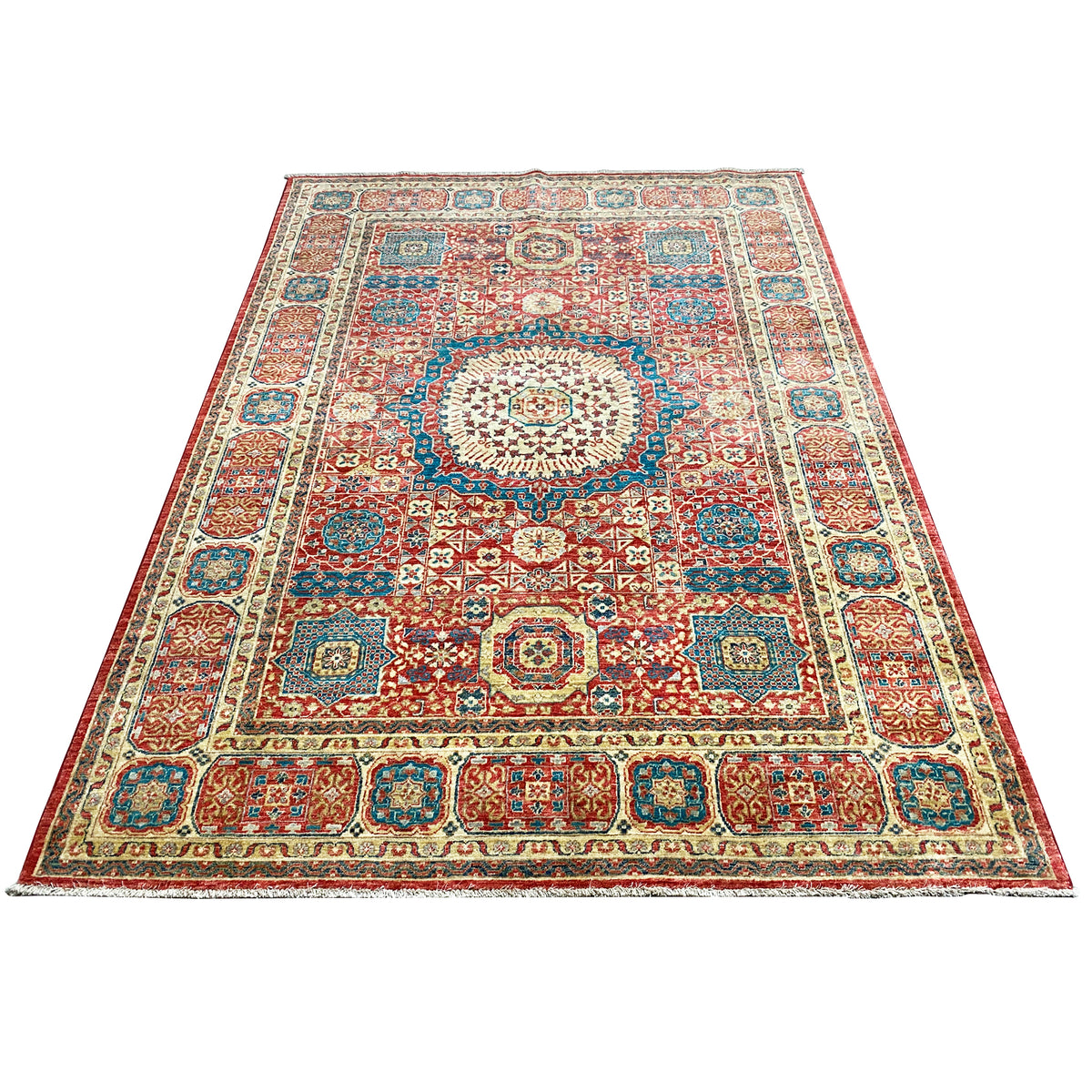 Mamluk carpet with a red and blue pattern, a round medallion, and a wide framed border