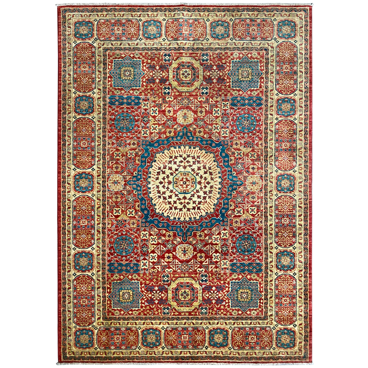 Mamluk rug with a red ornamental pattern, central medallion and blue-cream border