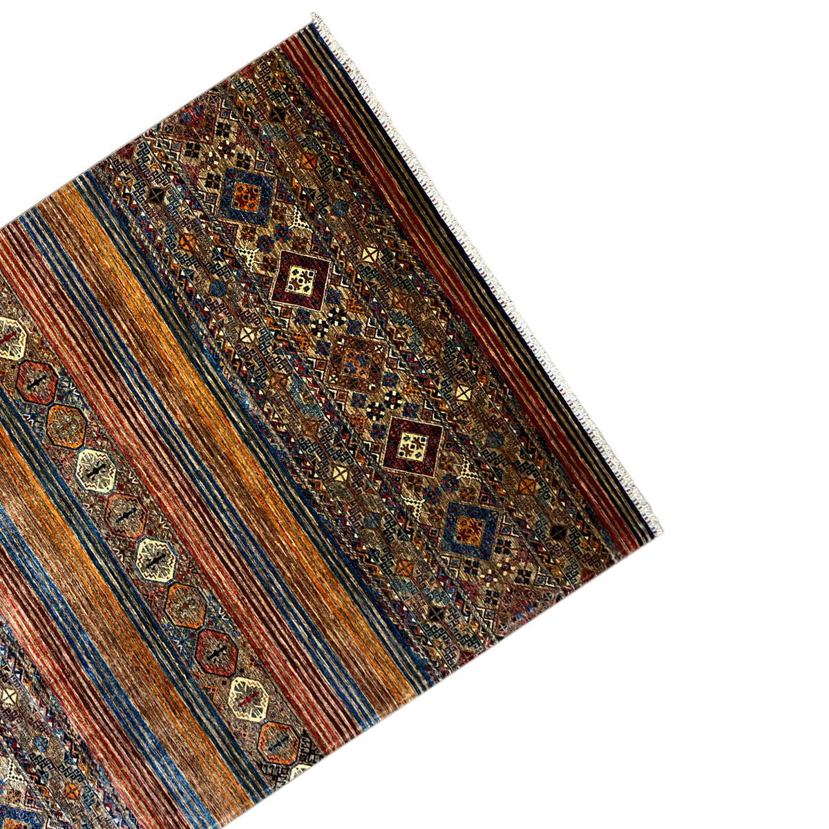 Colorful rug viewed at an angle, with a brown background, blue stripes, and embroidered decorative motifs.