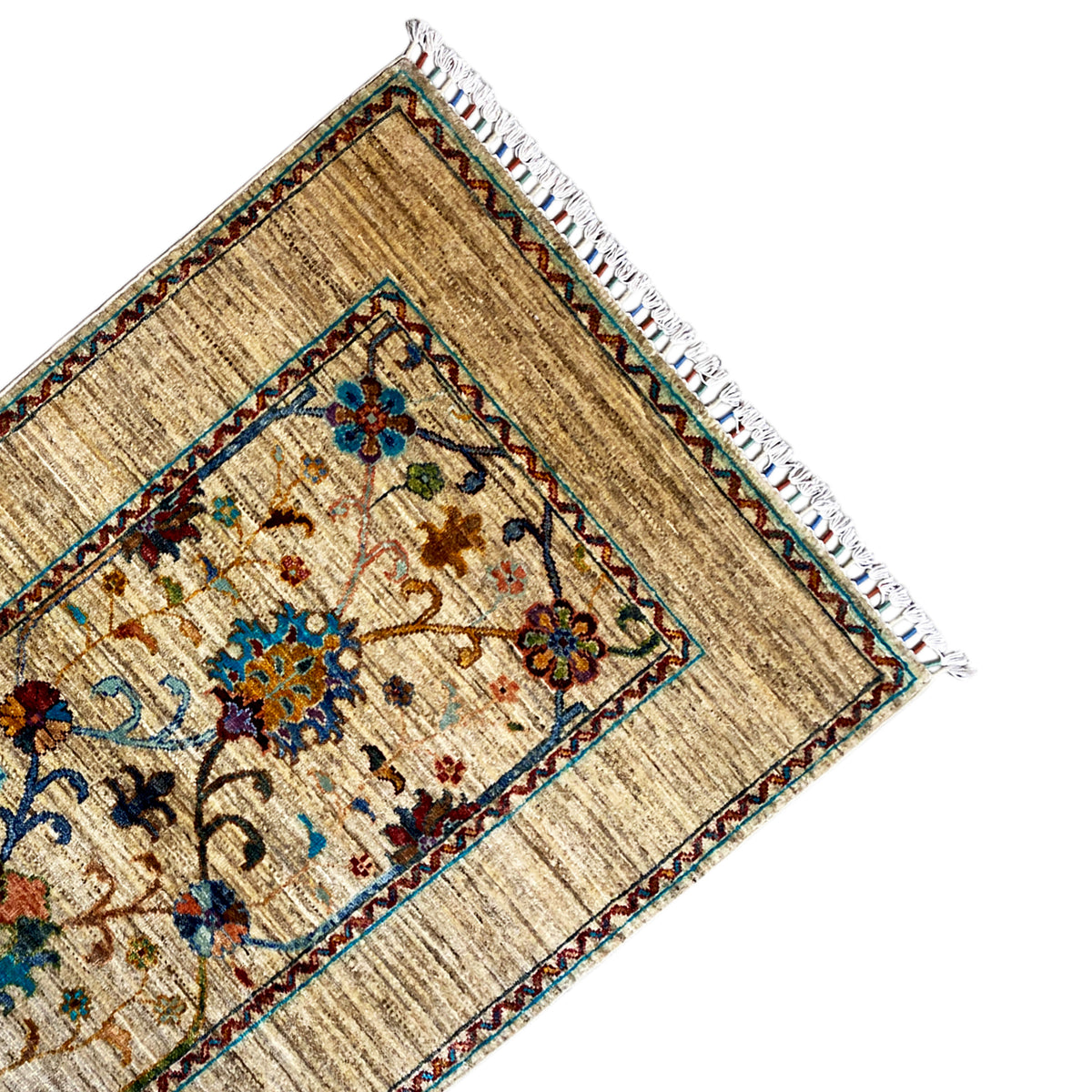 Corner Khorjin carpet 126x85 cm with floral ornament in the central field and white fringed border