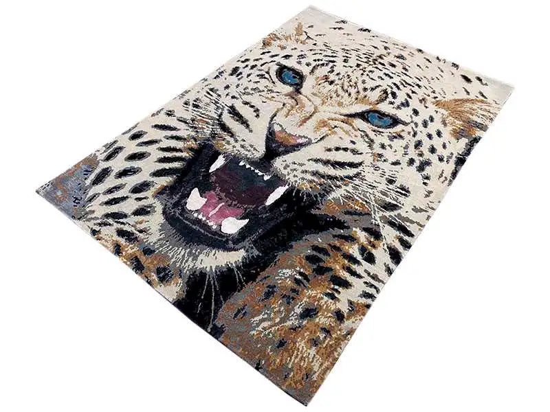 Designer rug with lion’s head motif, beige pile, blue eyes, multicolored details