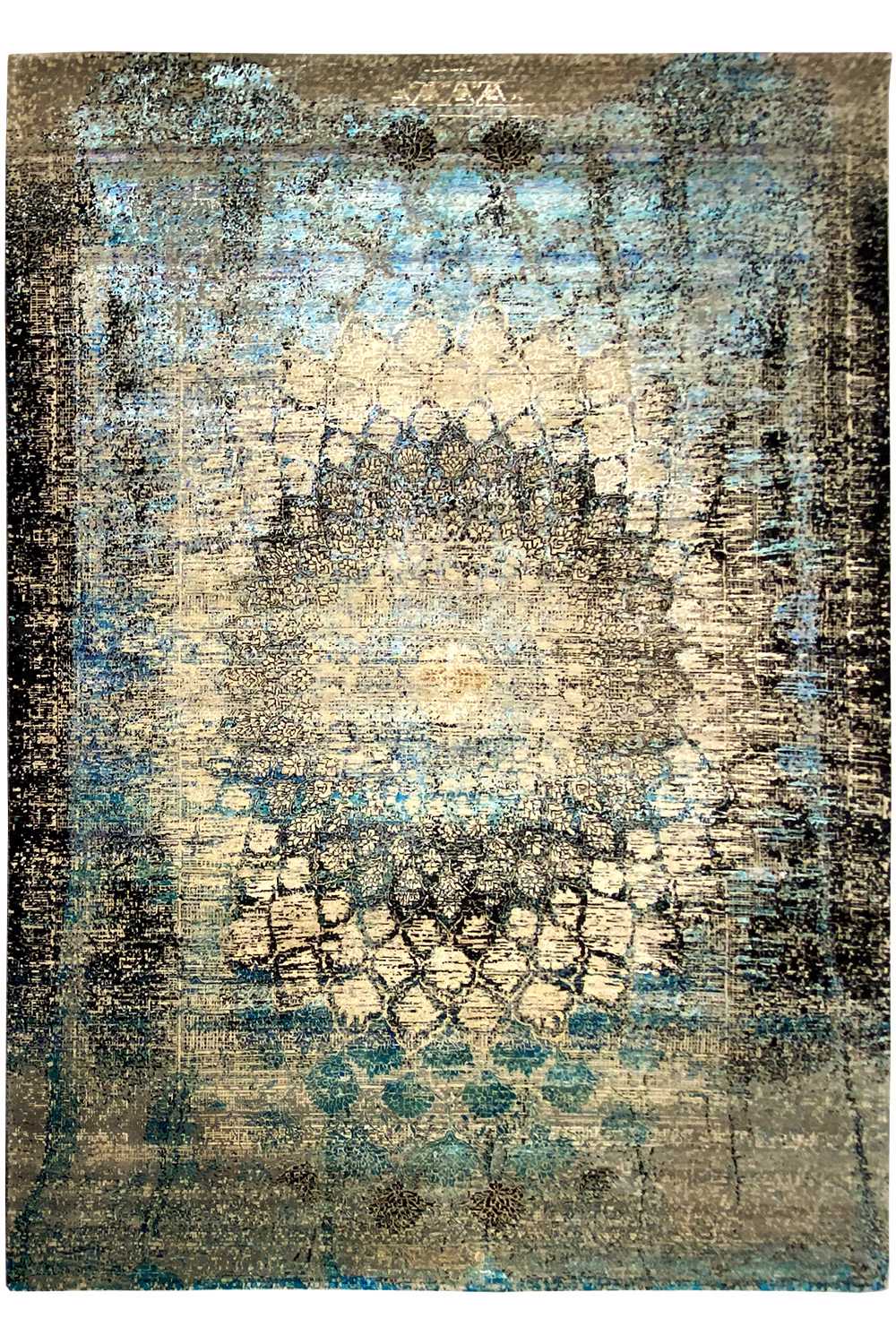 Designer rug with an abstract pattern in beige, blue, and dark tones, rectangular