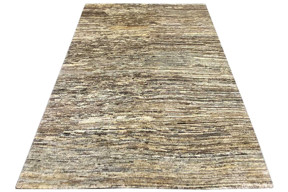 Gabbeh rug in natural tones, slightly trapezoidal perspective, horizontal line design