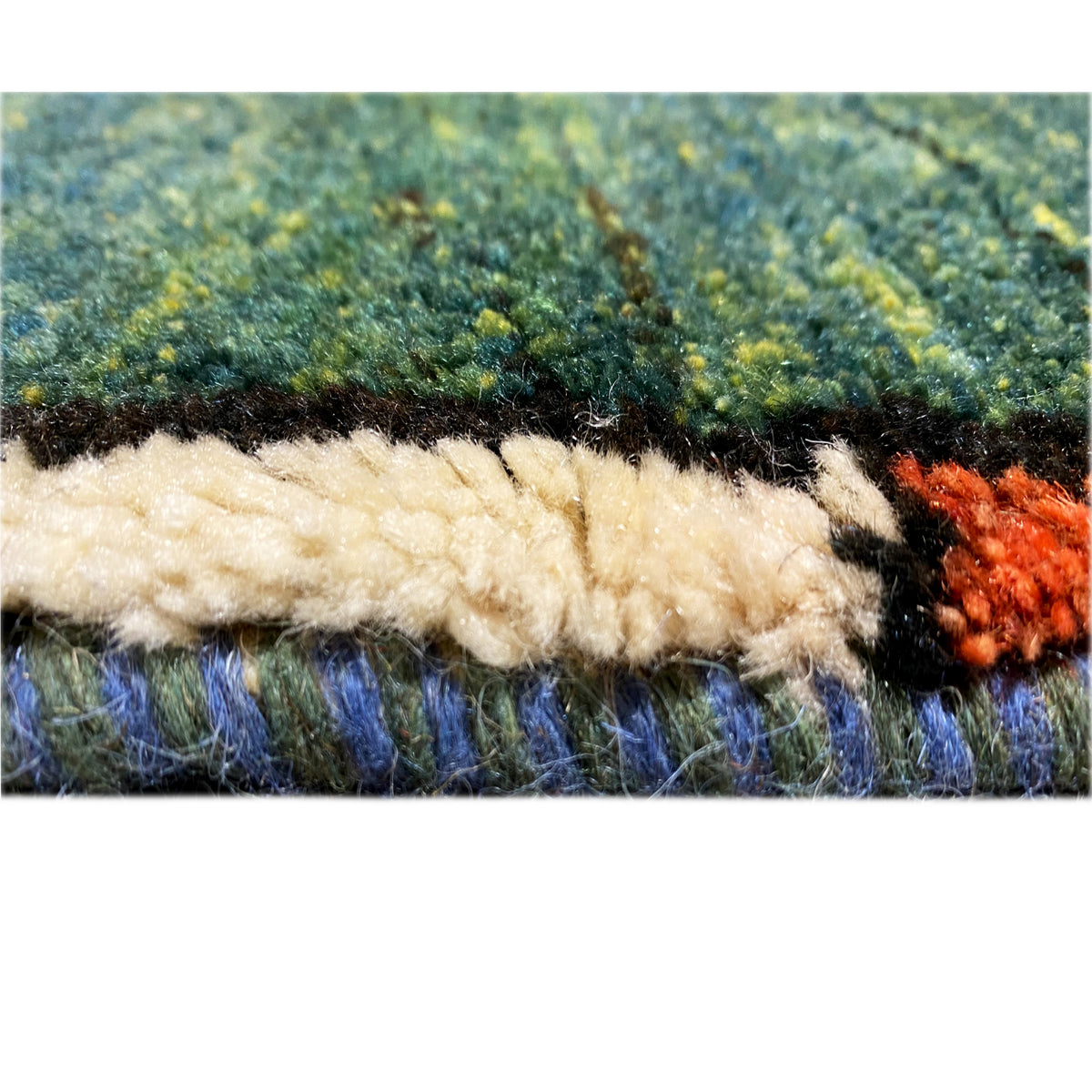 Gabbeh rug close-up of the rug edge with fringes and a multicolored border