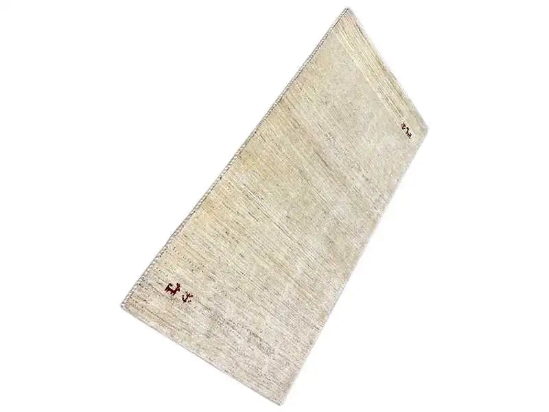 Gabbeh rug 140x70 cm, light beige, shown at an angle, reddish-brown ornaments