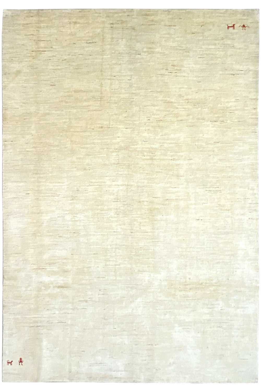 Beige Gabbeh rug with a subtle ornamental border at the corners, 282×194 cm