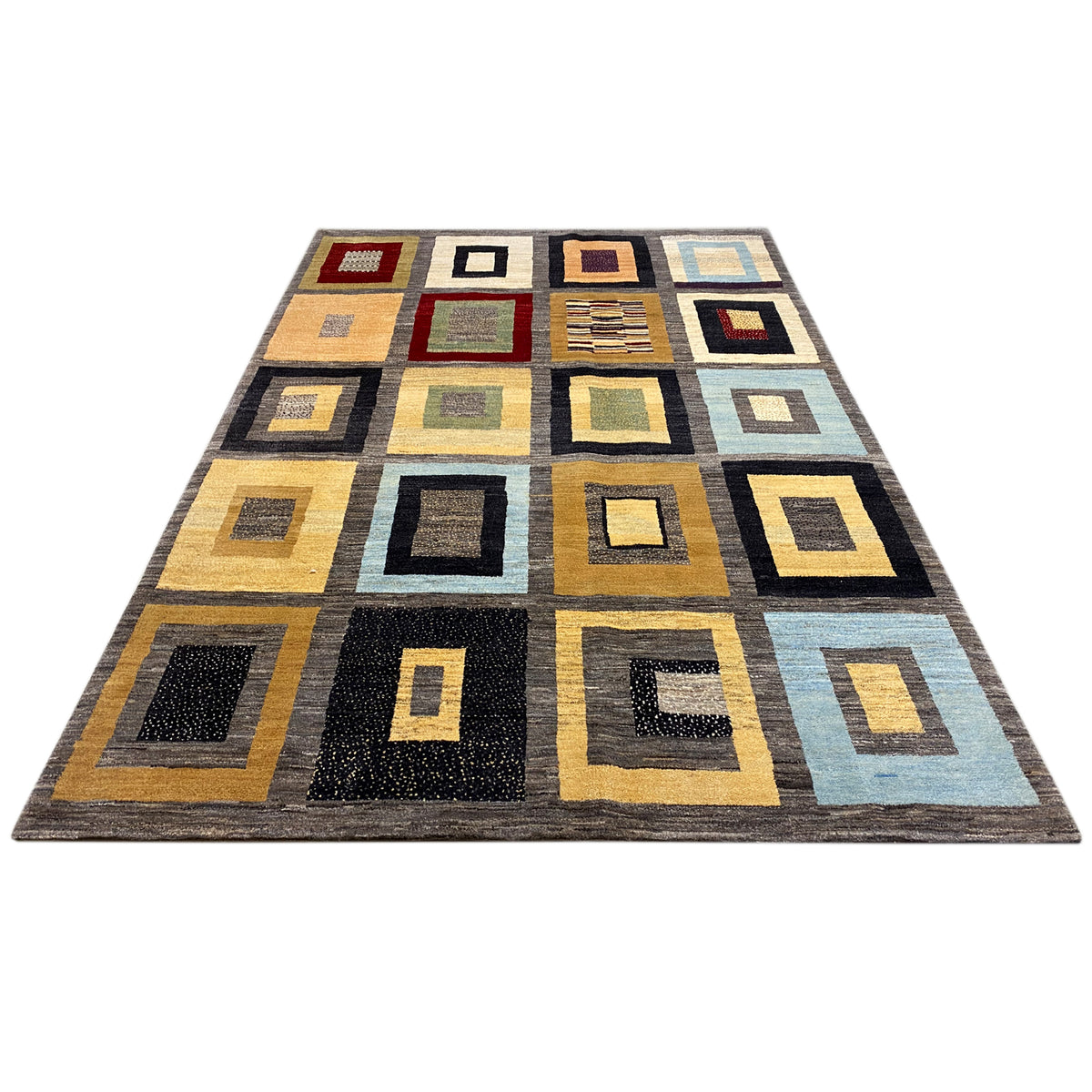 Rectangular rug with a geometric square design in shades of yellow, blue, and black