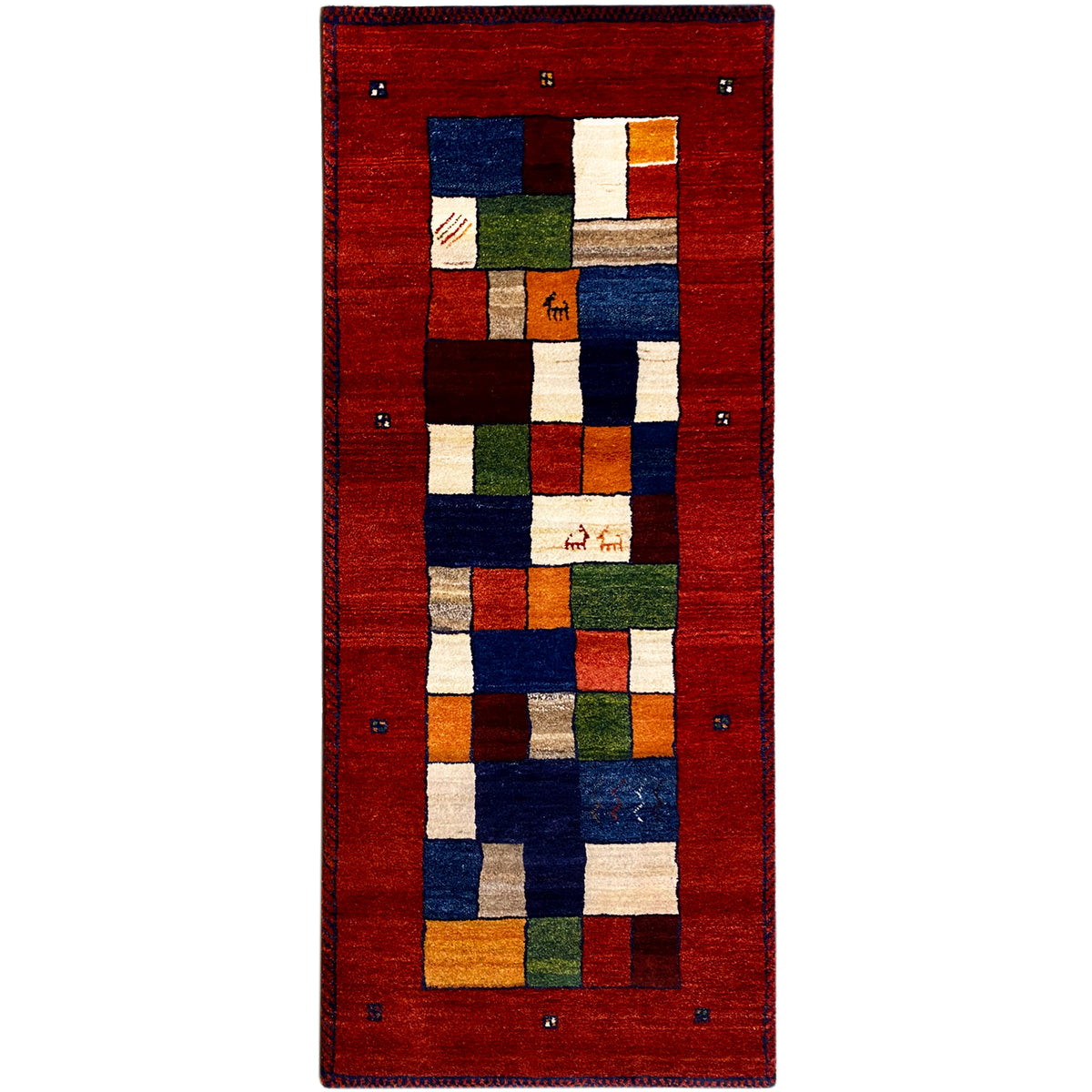 Red Gabbeh runner rug with a geometric patchwork pattern in blue, green, and beige