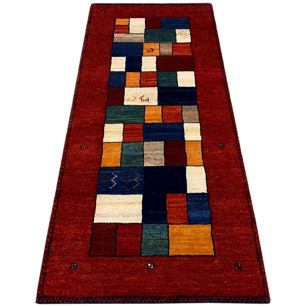 Gabbeh rug runner, red runner with a central square pattern and colorful blocks
