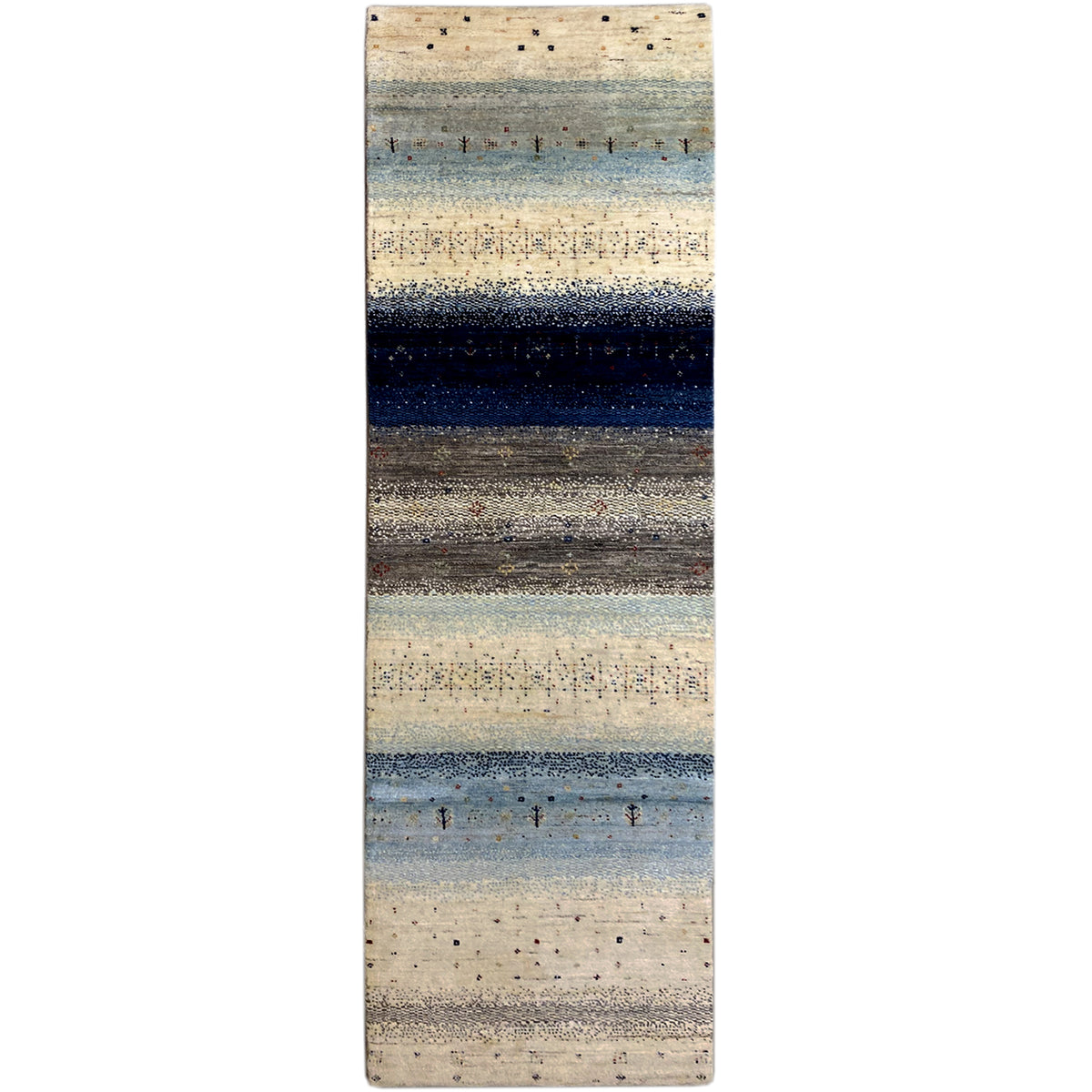 Gabbeh runner rug with a striped pattern in beige, blue, and dark blue