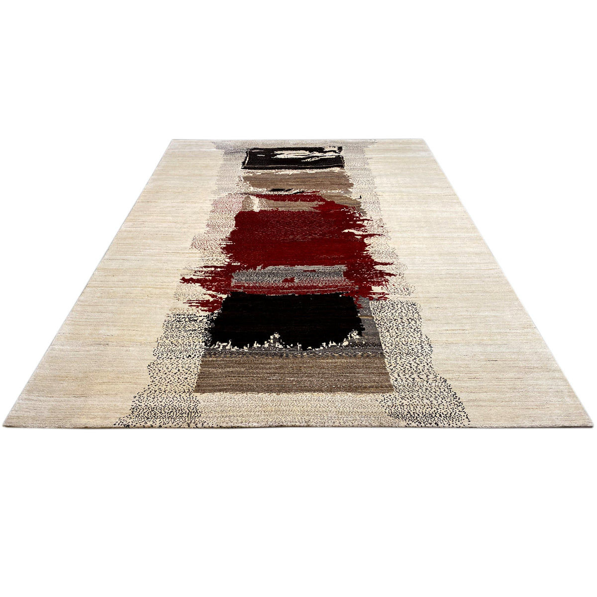 Flat-woven Gabbeh rug with a central patterned stripe in red, black, and gray on a light beige background