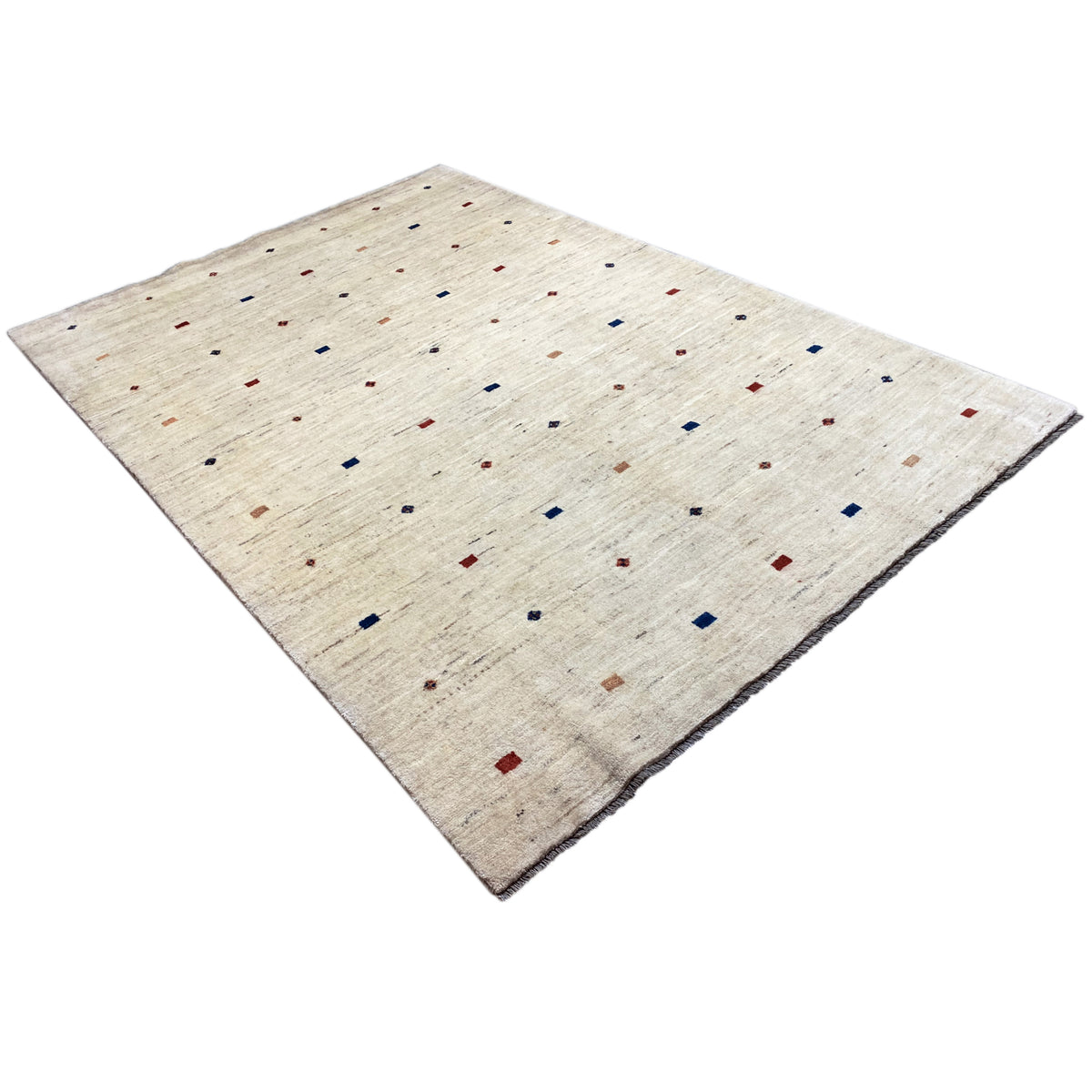 Gabbeh rug with a light beige background and a colorful dotted pattern in red and blue