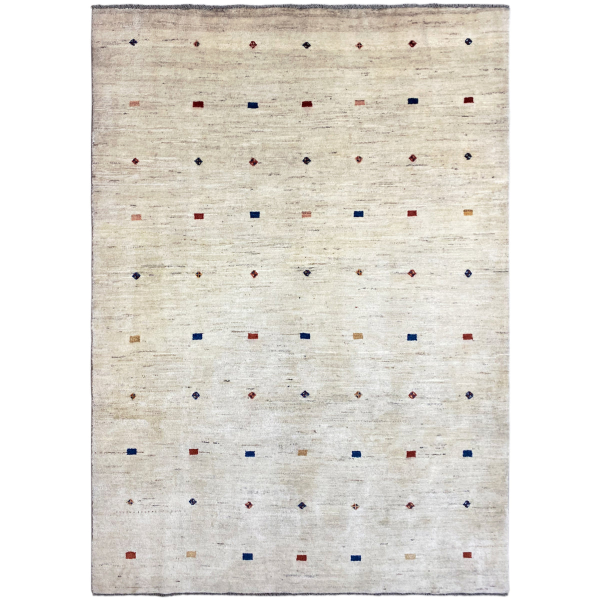 Gabbeh rug with a light beige field and colorful dot/square pattern