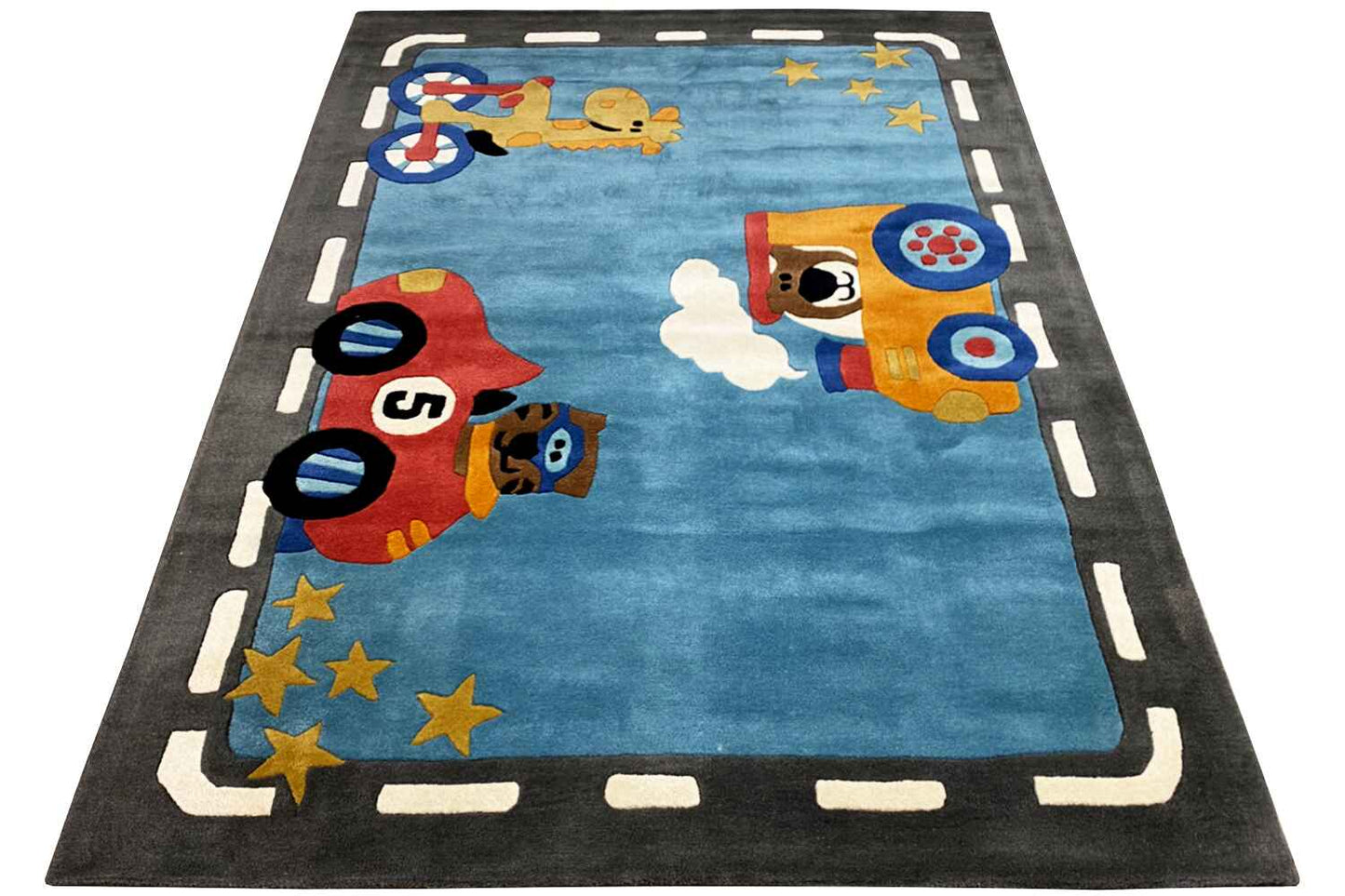 Hand-tufted rug 170x240 cm in blue with astronauts, yellow stars, and border