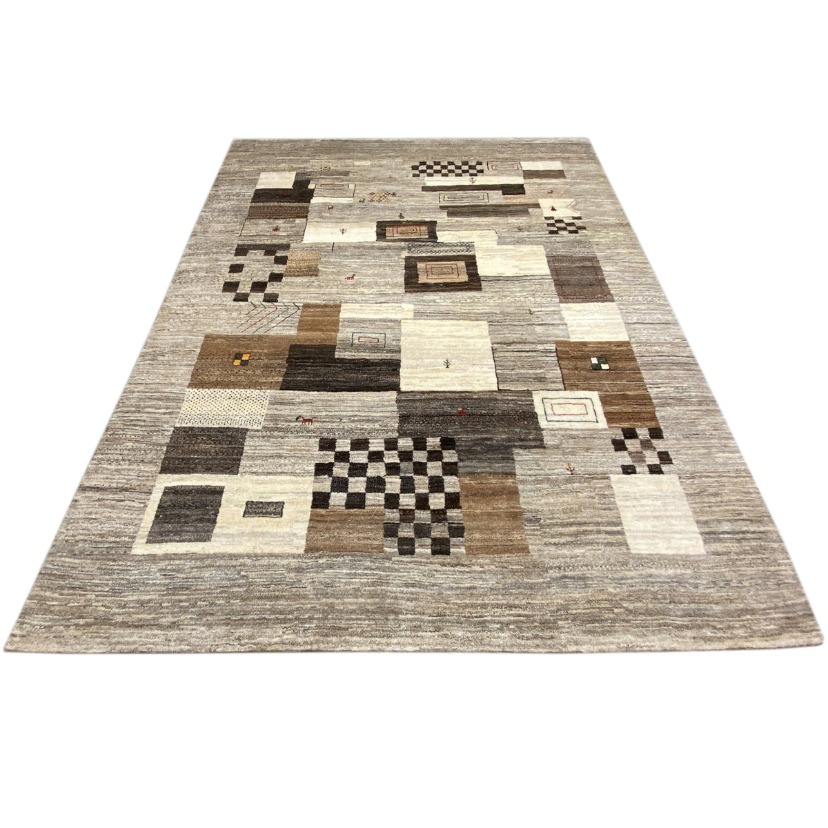 Gabbeh rug with abstract square and line patterns in light beige and gray