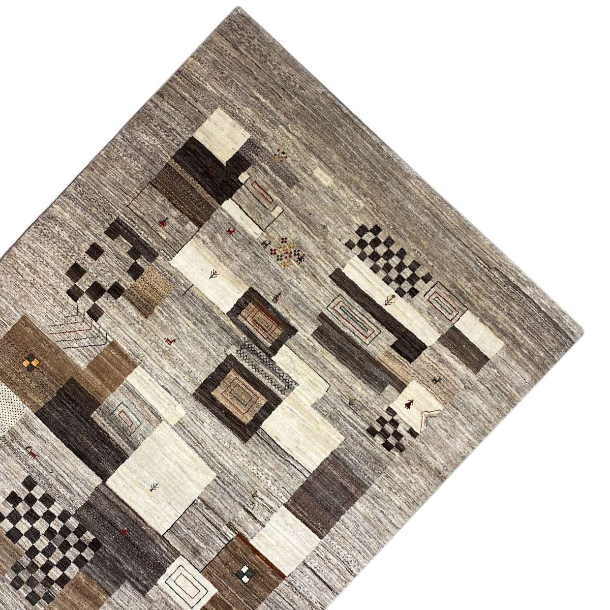 Gabbeh rug with geometric squares and borders in light beige and dark gray