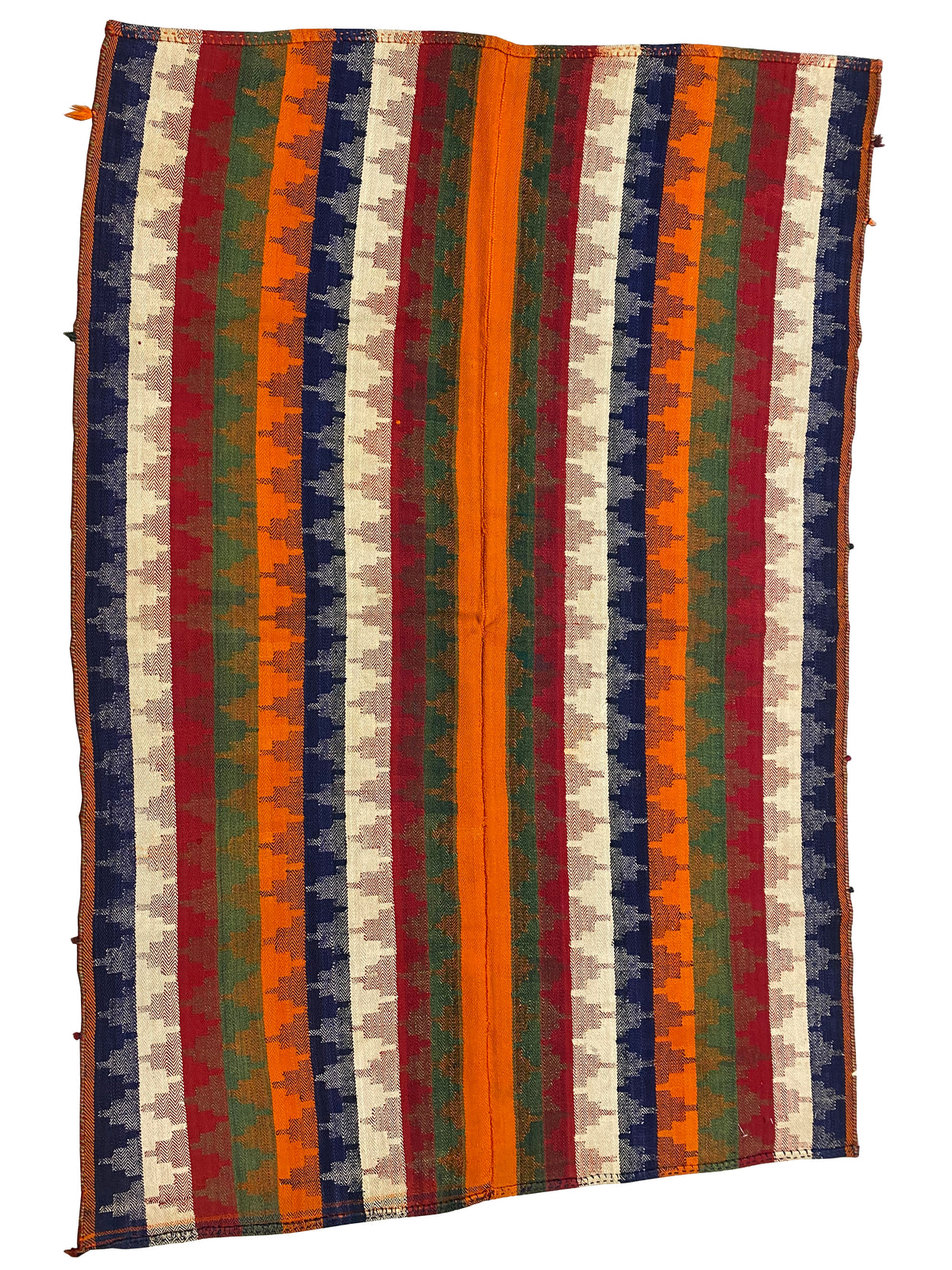 Rug with vertical stripes; bold colors such as orange, green, blue, and red