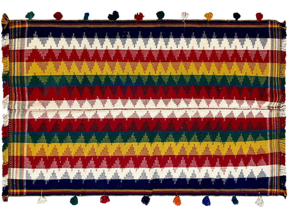 Jajim rug, dense striped pattern with zigzag elements and colorful fringes