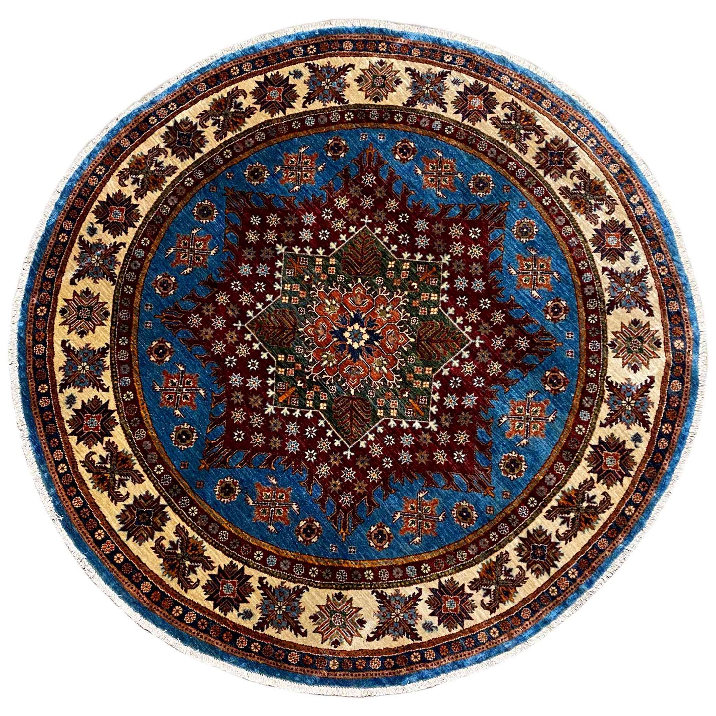 Round rug with a blue medallion and ornamental floral pattern, multicolored border