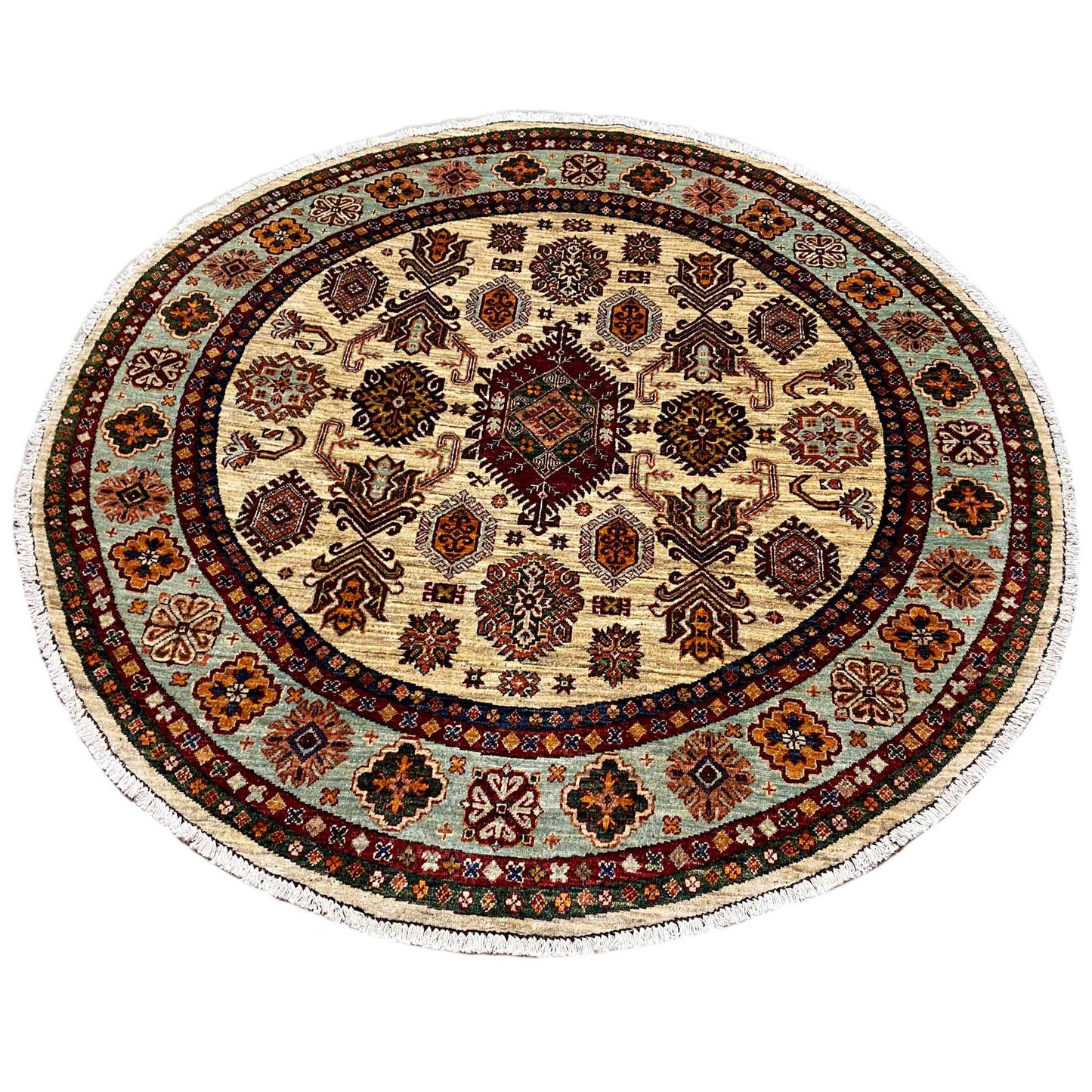 Round rug with a beige base, multicolored ornamental pattern, and colored border
