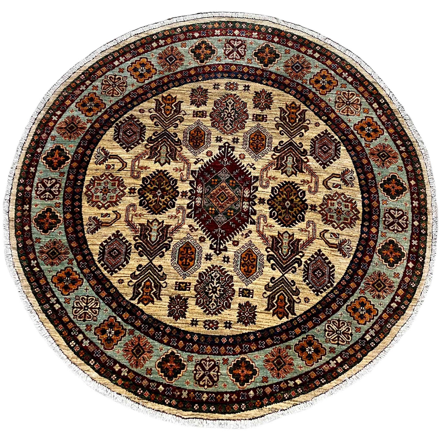 Round woven rug with a beige pattern and dark border, approx. 170x171 cm