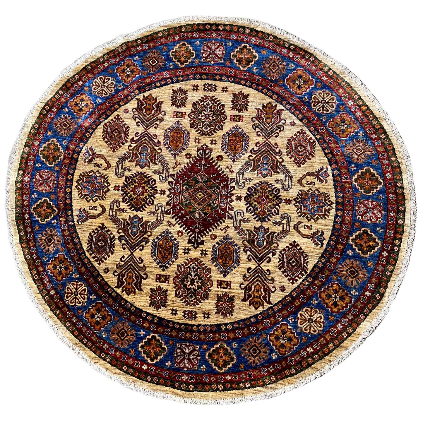 Round rug with a beige base and blue-red ornaments, intricately woven