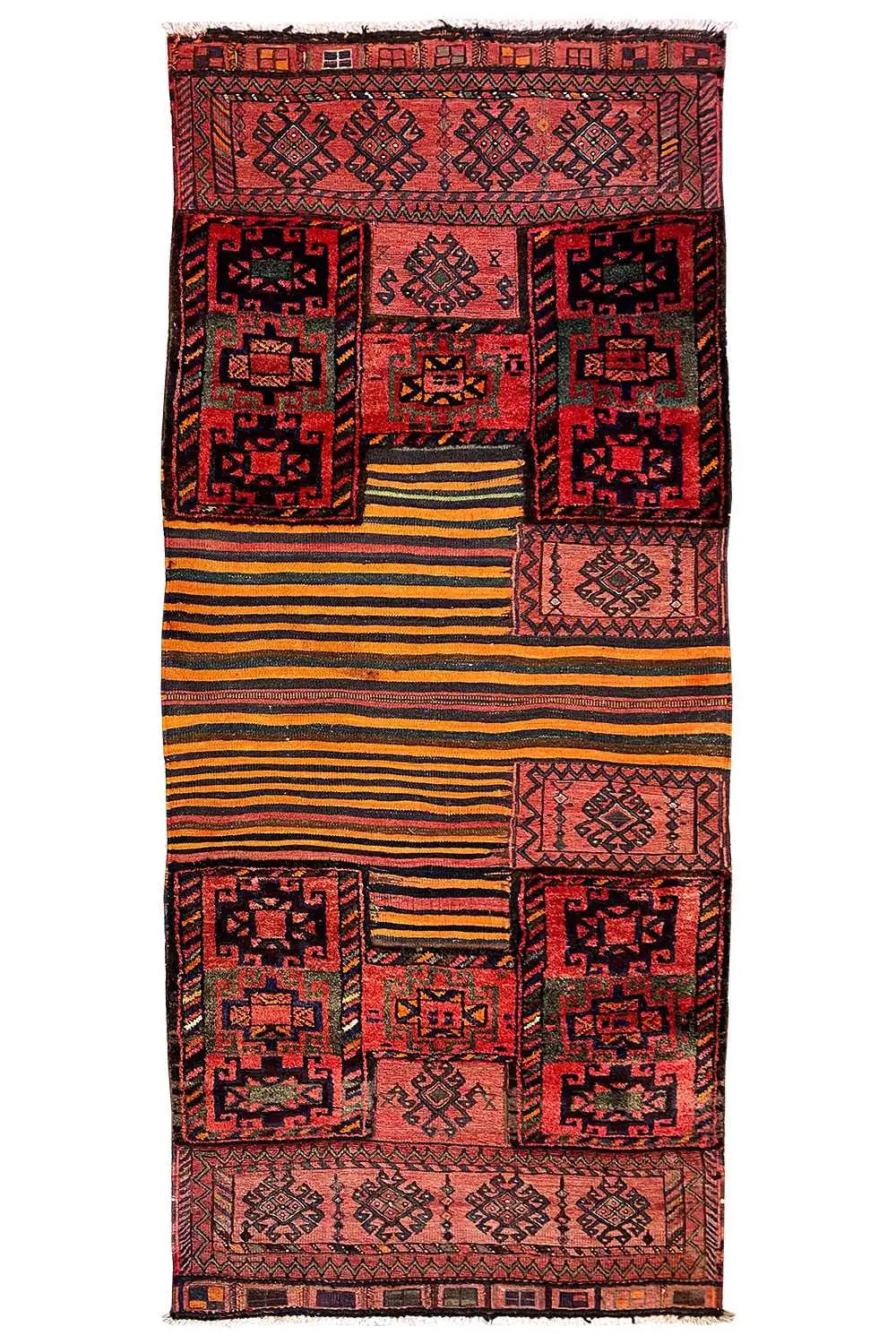 Rectangular kilim rug with central patchwork motifs in red and a yellow-striped central section