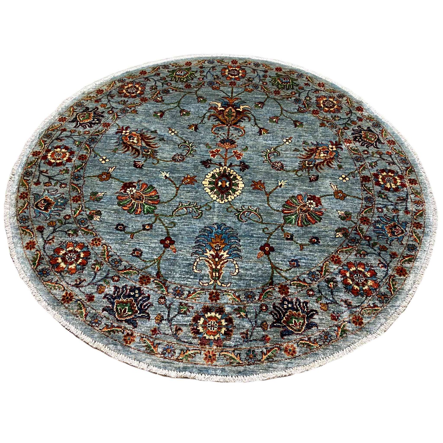 Round Khorjin wool rug, light blue-gray, with a colorful floral decorative pattern