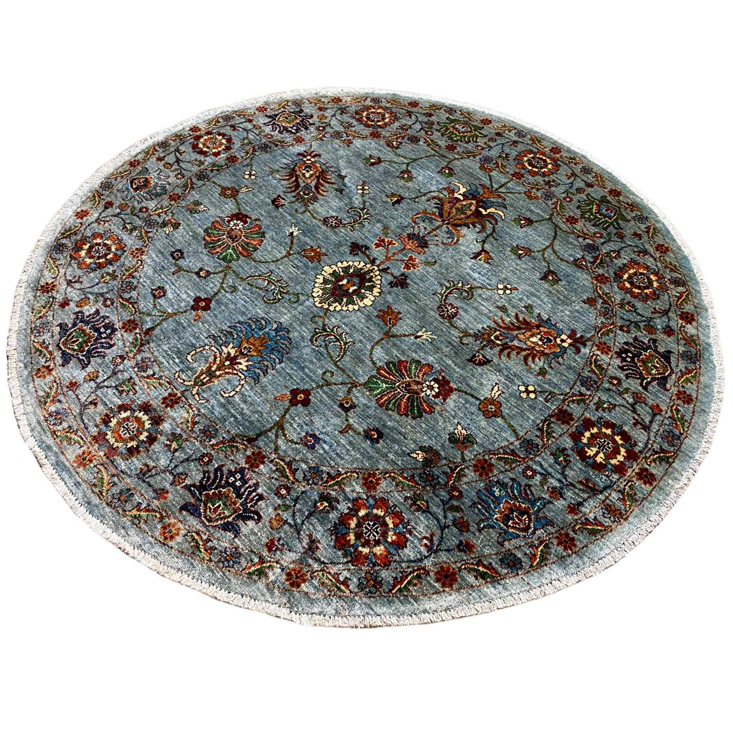 Round Khorjin wool rug in light blue-gray with an intricate animal and floral pattern