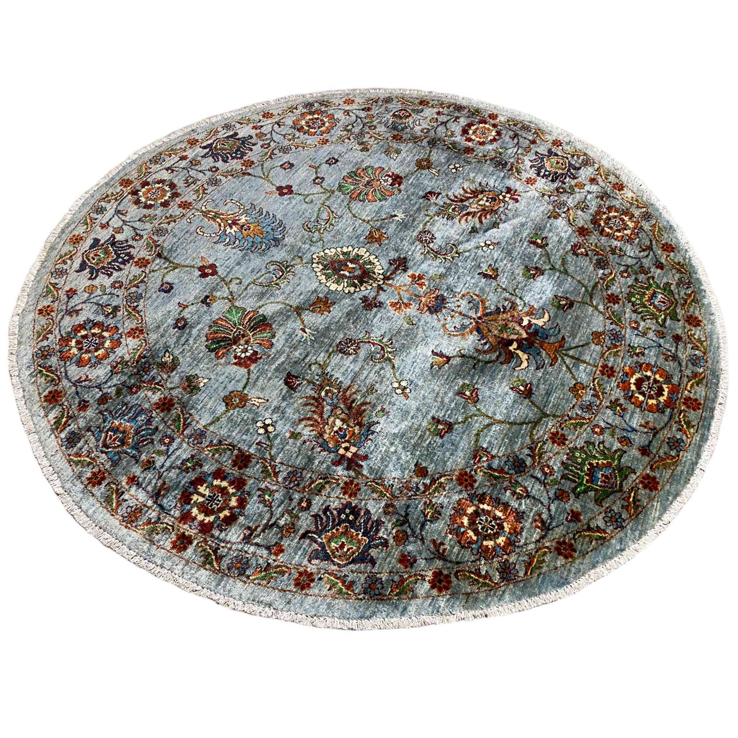 Round Khorjin wool rug in light blue-gray with medallion and floral ornaments